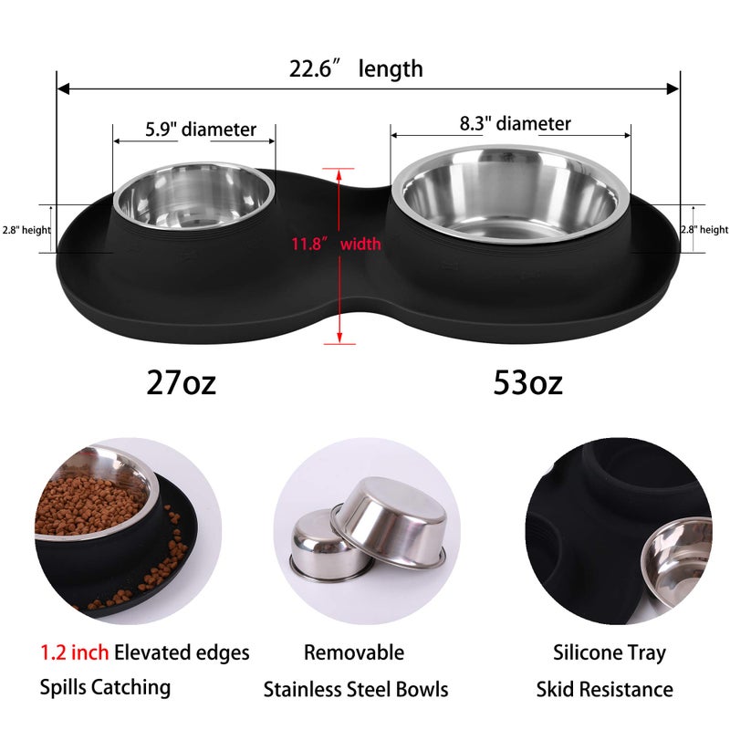 Yacee 100% Waterproof BPA Free Pet Dog Bowls2 Stainless Steelï¼ˆ53oz+27ozï¼‰ with 1.35â€œ Raised Edge Silicone Mat + Slow Feed Dog Water and Food Bowls for Feeding Small Large Dogs Cats Puppies (Black) - Image 2